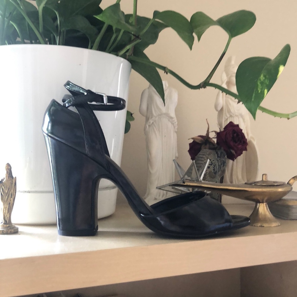 Peep toe faux patent leather sandals